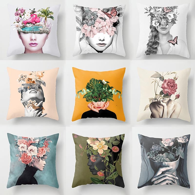 Abstract Print Flower Lady Cushion Cover Pillow Cases
