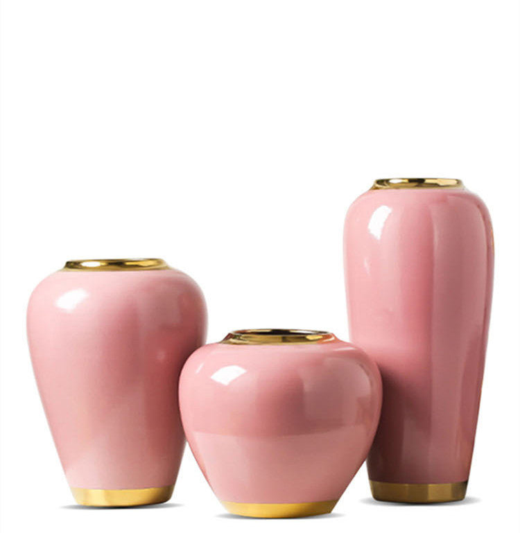 Three Modern Hand-painted Porcelain Vases With Gold-plated Glazed Flowers