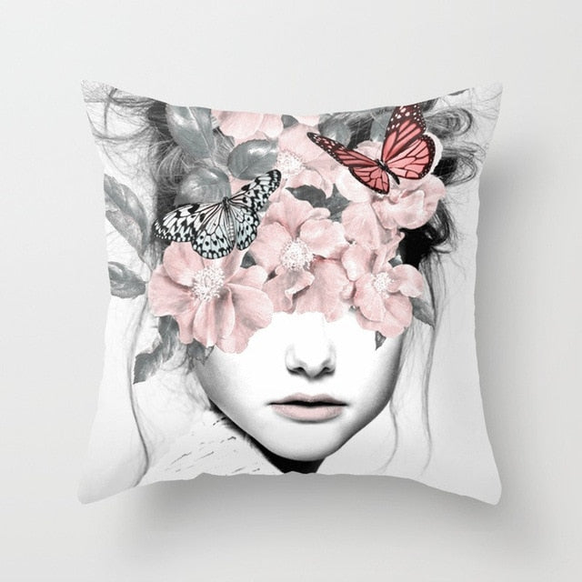 Abstract Print Flower Lady Cushion Cover Pillow Cases