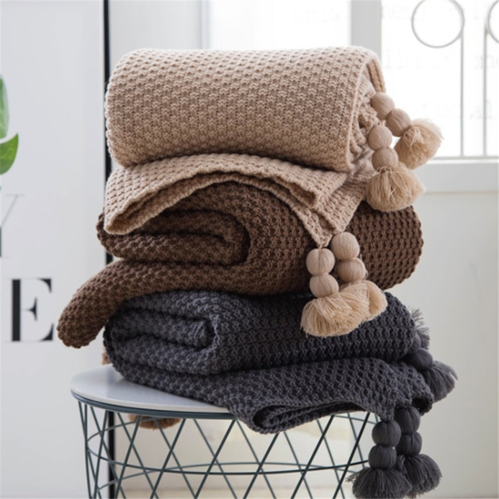 Nordic fringed knit ball wool shawl sofa leisure blanket