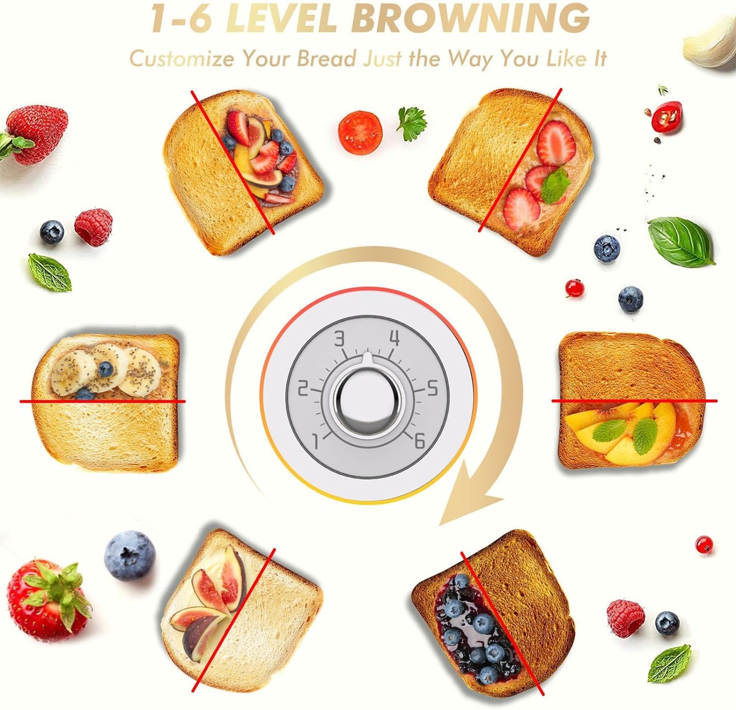 Toaster 2 Slice Retro Toaster Stainless Steel With 6 Bread Shade