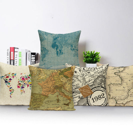 New Retro Toss Pillow Case European World Map Cushion Cover Seat