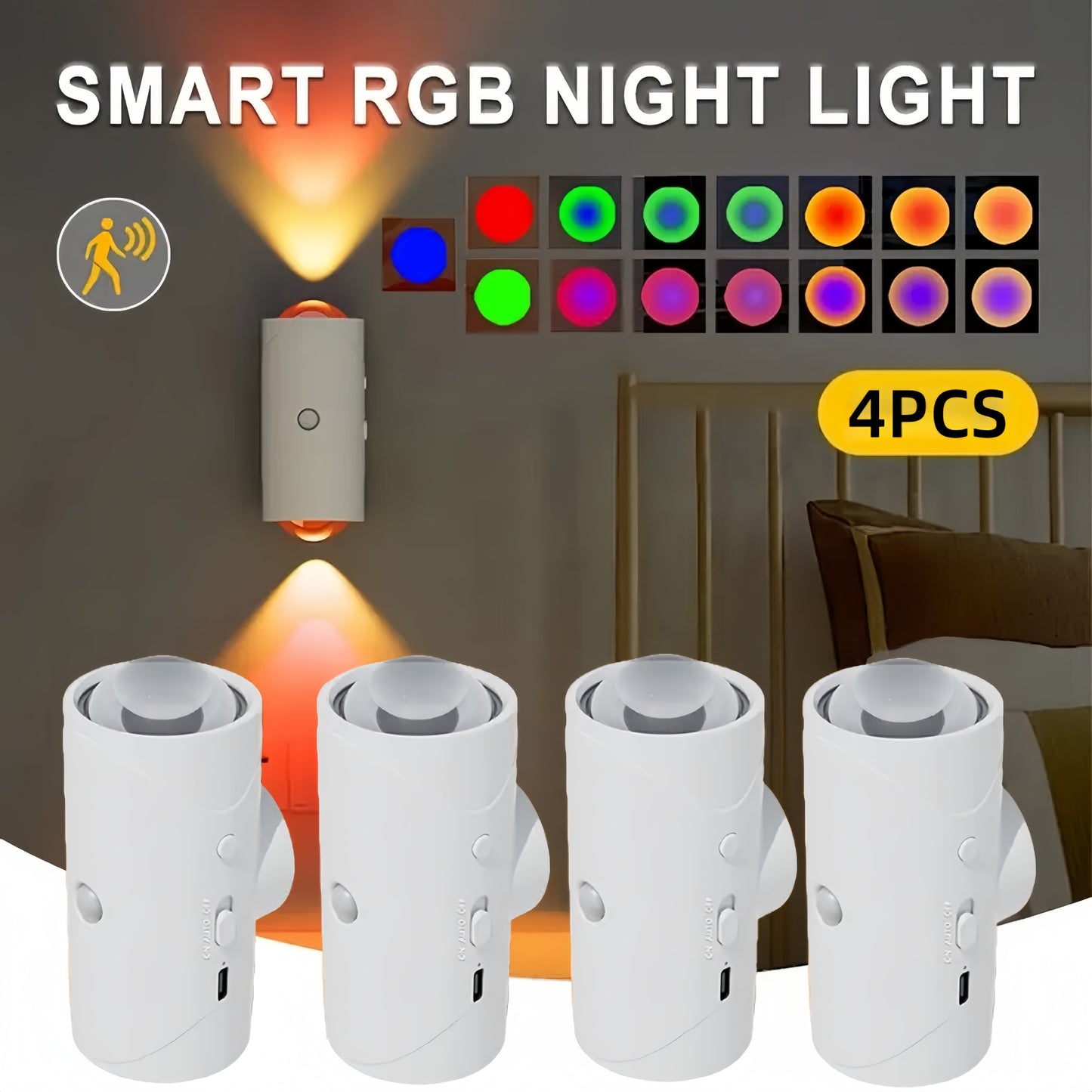 4PCS Color-sensing Motion Night Lights, Wall Lights, Cabinet Lights