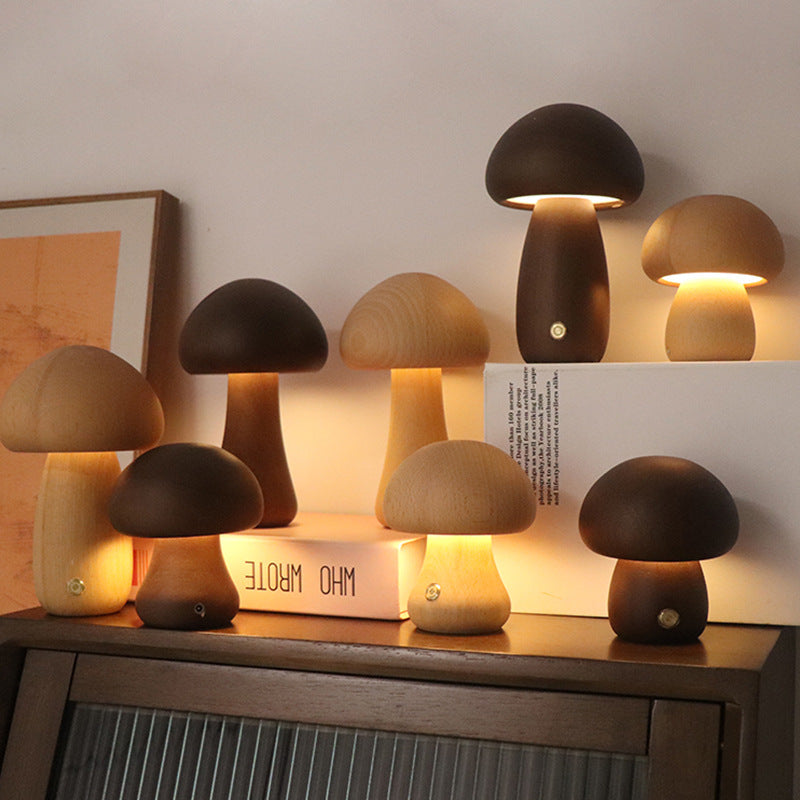 INS Wooden Cute Mushroom LED Night Light With Touch Switch Bedside