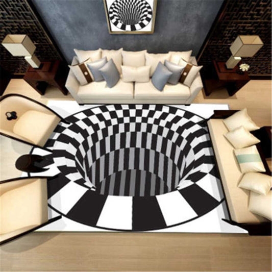 3D Vortex Carpet Black White Grid Bottomless Hole Illusion Rug Living Room