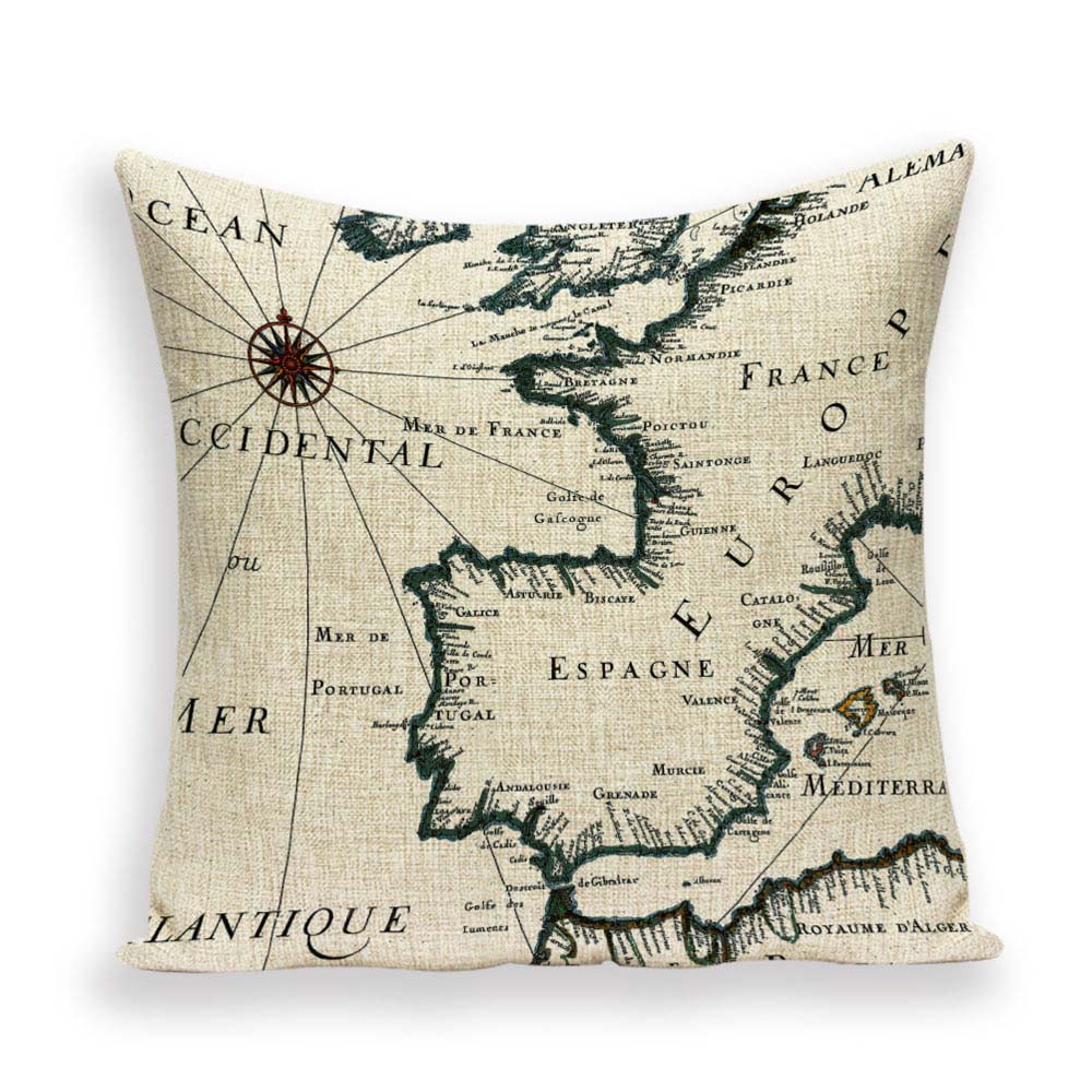 New Retro Toss Pillow Case European World Map Cushion Cover Seat
