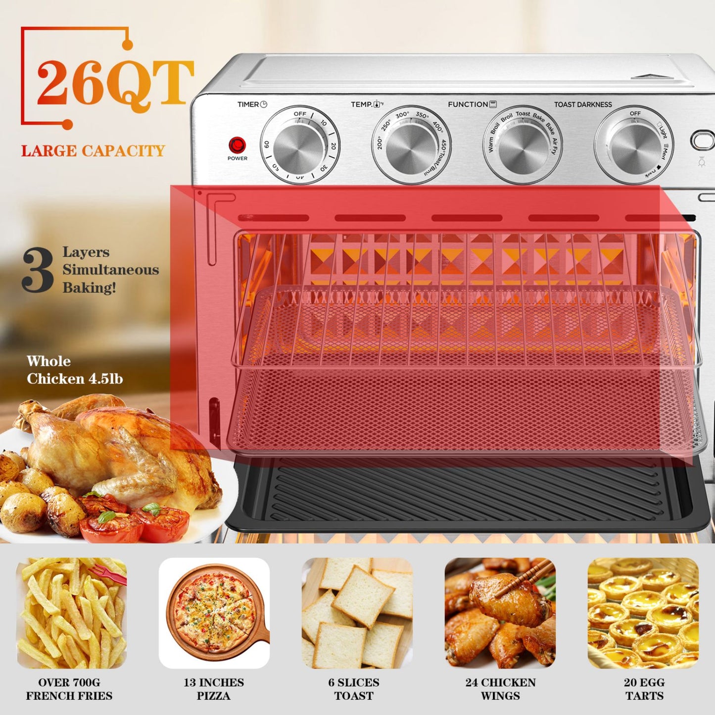Air Fryer 6 Slice 26QT 26L Air Fryer Fry Oil-Free Extra Large Toaster