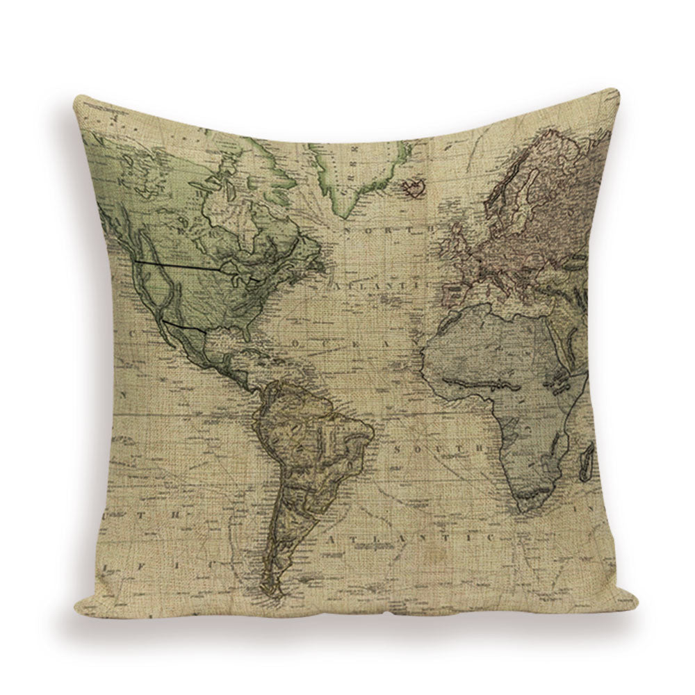 New Retro Toss Pillow Case European World Map Cushion Cover Seat