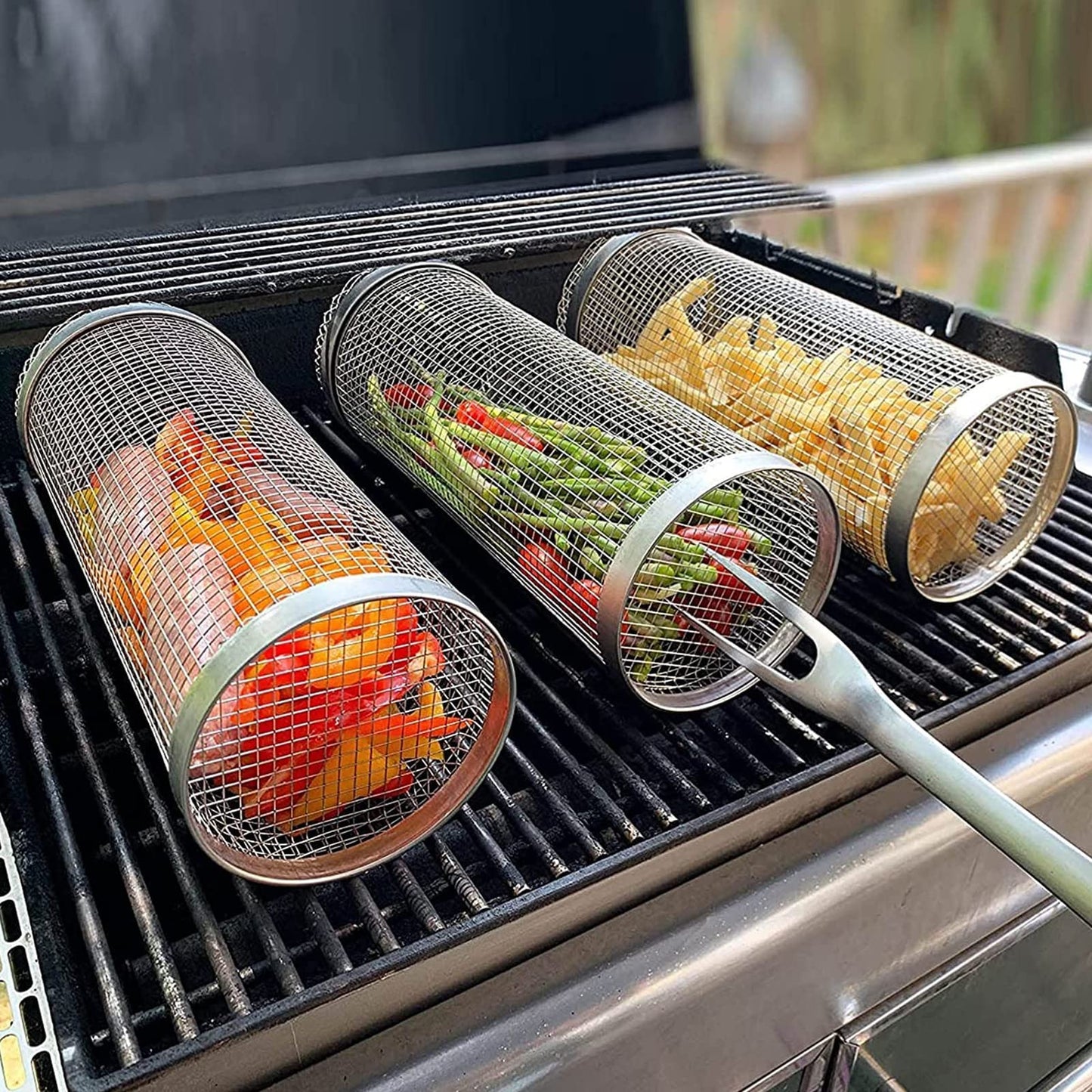 Rolling Grilling Basket Metal BBQ Barbecue Basket Net Outdoor