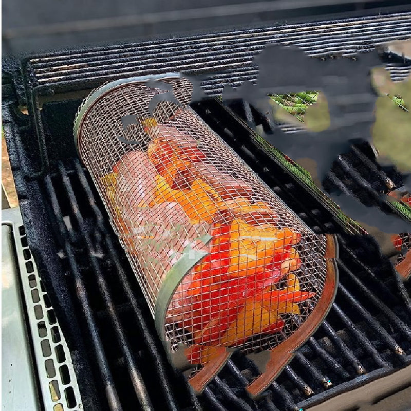Rolling Grilling Basket Metal BBQ Barbecue Basket Net Outdoor