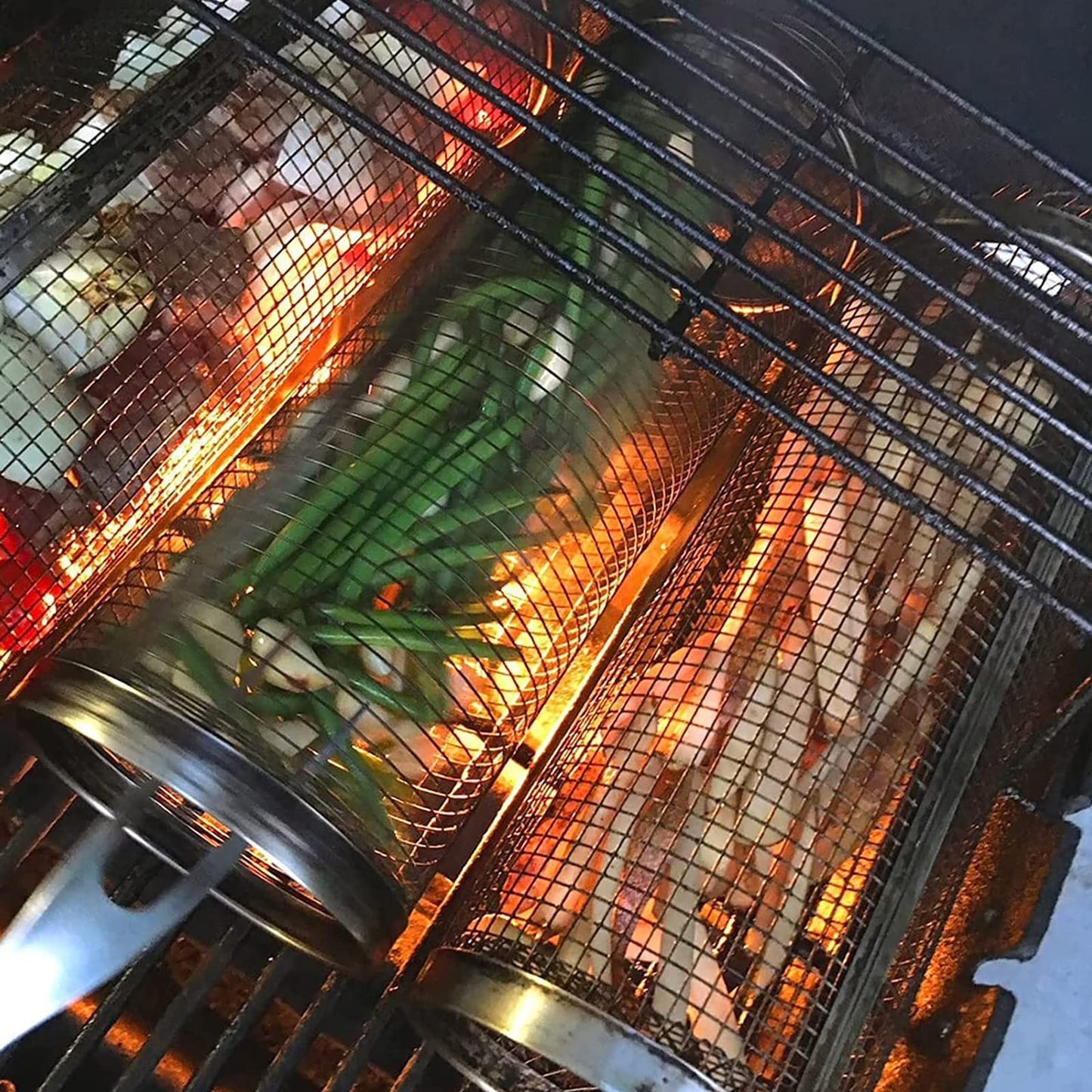 Rolling Grilling Basket Metal BBQ Barbecue Basket Net Outdoor