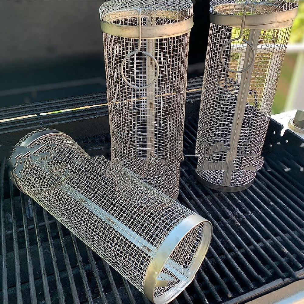 Rolling Grilling Basket Metal BBQ Barbecue Basket Net Outdoor