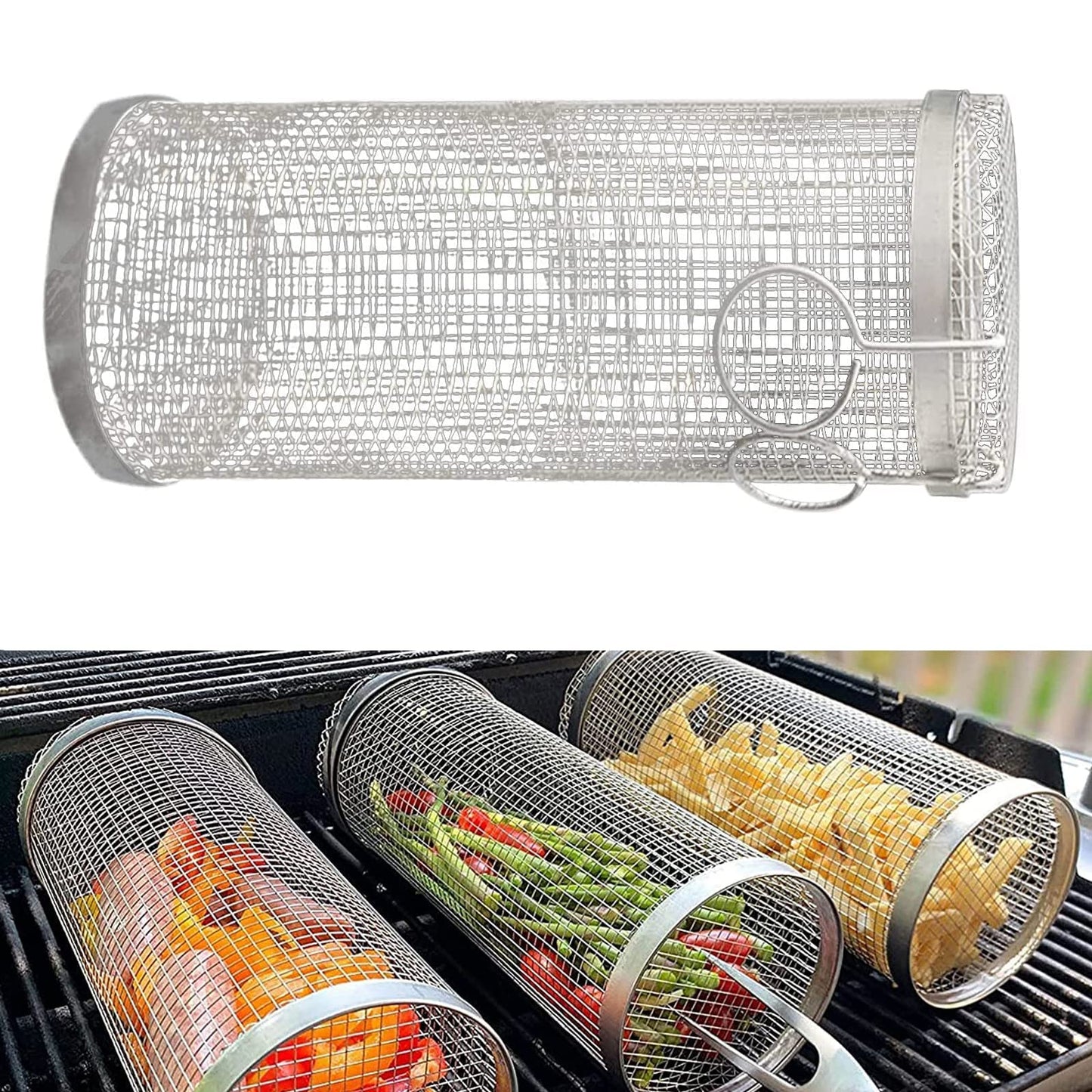 Rolling Grilling Basket Metal BBQ Barbecue Basket Net Outdoor