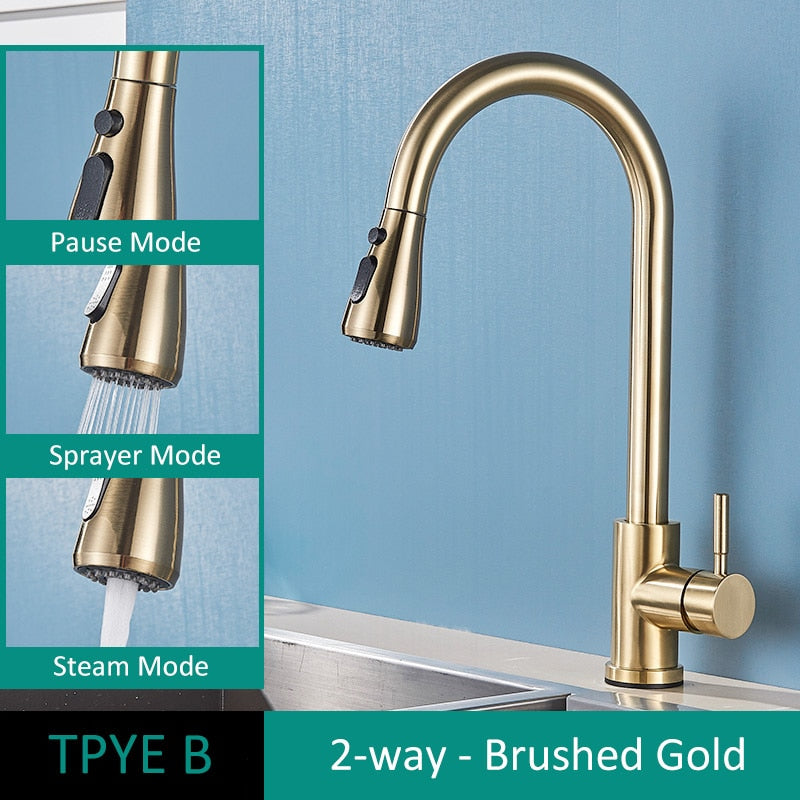 Brushed Gold Kitchen Faucet Pull Out Kitchen Sink