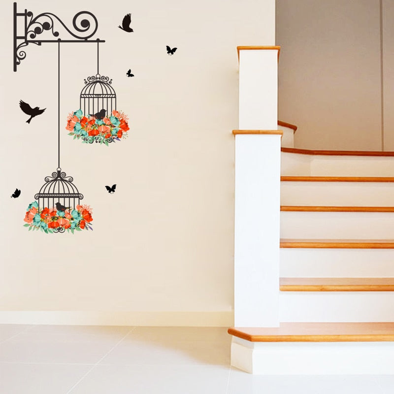 Colorful Flower birdcage flying birds wall sticker Creative