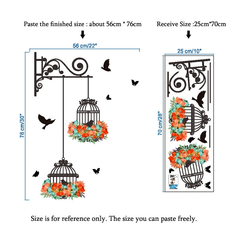 Colorful Flower birdcage flying birds wall sticker Creative