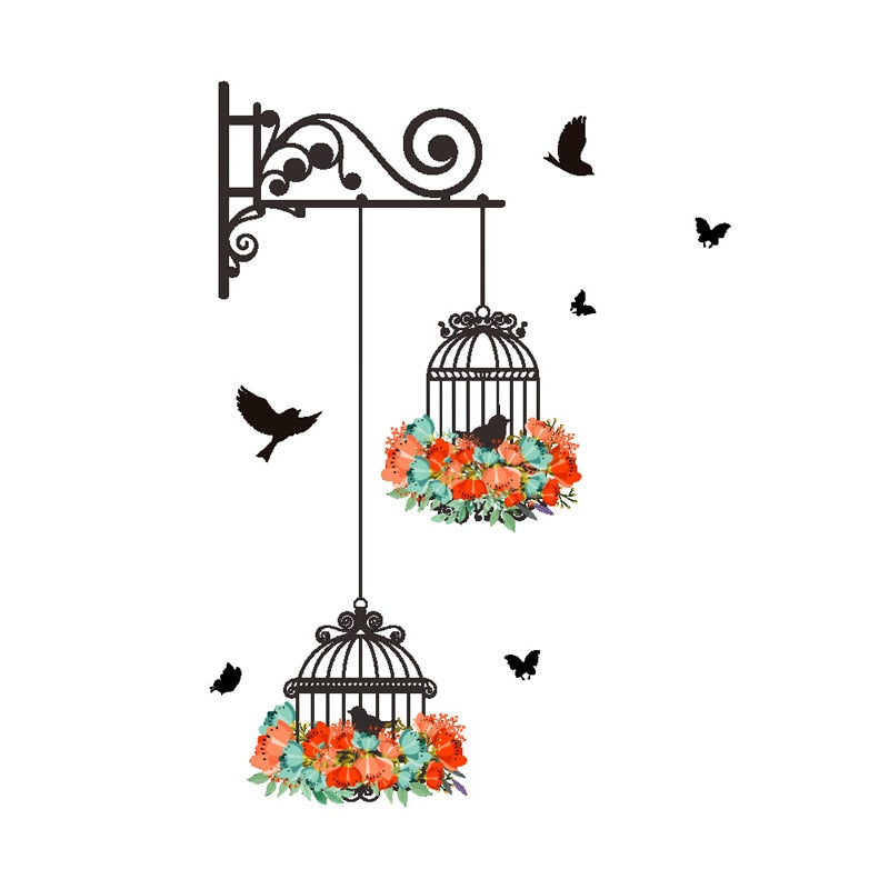 Colorful Flower birdcage flying birds wall sticker Creative