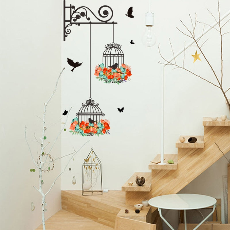Colorful Flower birdcage flying birds wall sticker Creative
