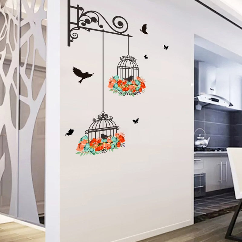 Colorful Flower birdcage flying birds wall sticker Creative