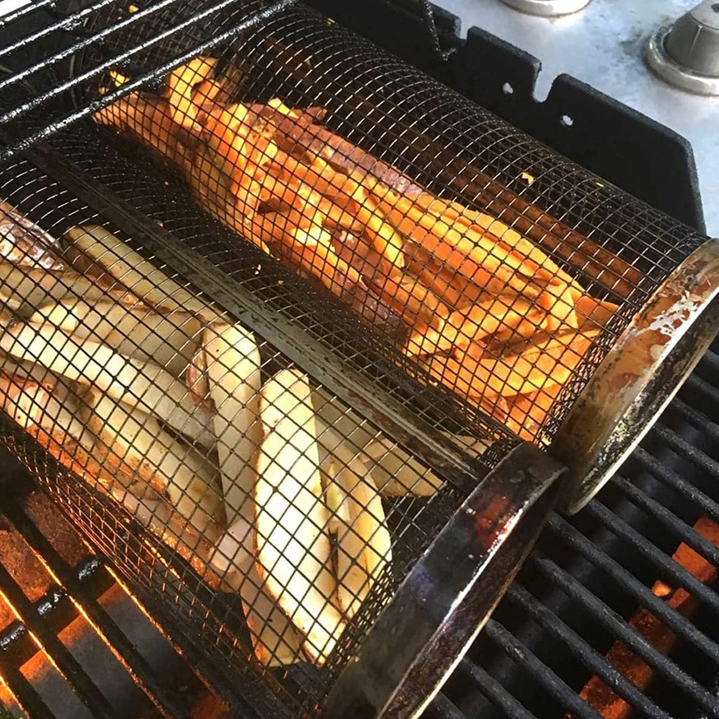 Rolling Grilling Basket Metal BBQ Barbecue Basket Net Outdoor