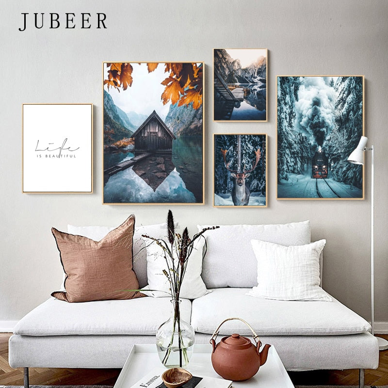 Mountain Lake Waterfall Scandinavian Poster
