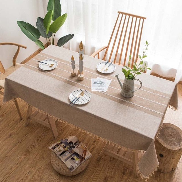 Tassel Plaid Decorative Linen Tablecloth Oilproof