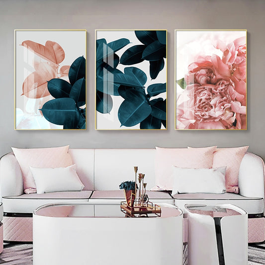 Pink Green Flower Leaf Nordic Poster Wall Art