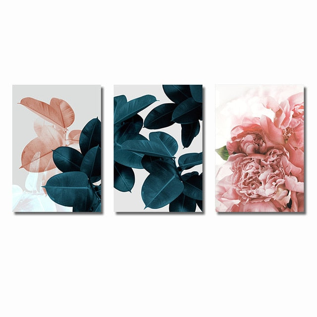 Pink Green Flower Leaf Nordic Poster Wall Art