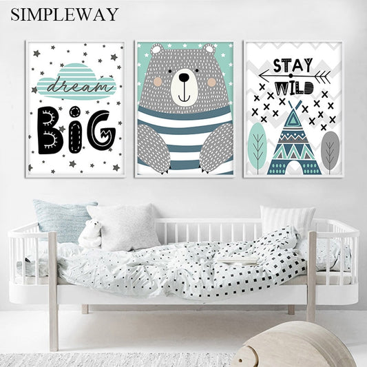 Dream Big Quotes Bear Canvas Poster Nursery Wall Art