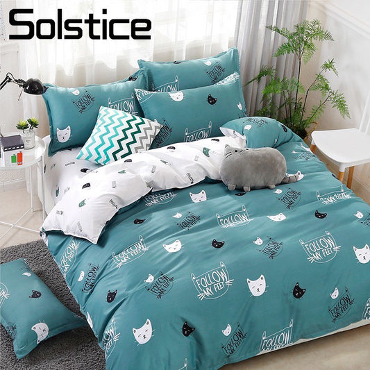 Textile Cyan Cute Cat Kitty Duvet Cover