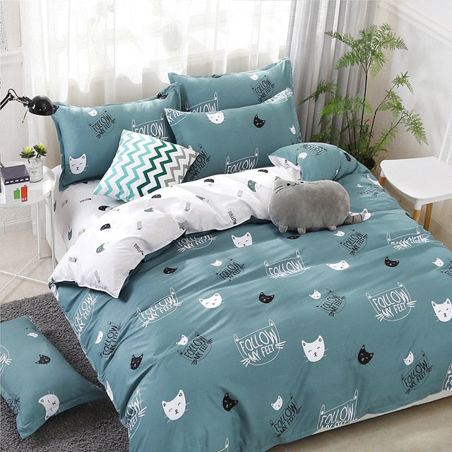 Textile Cyan Cute Cat Kitty Duvet Cover