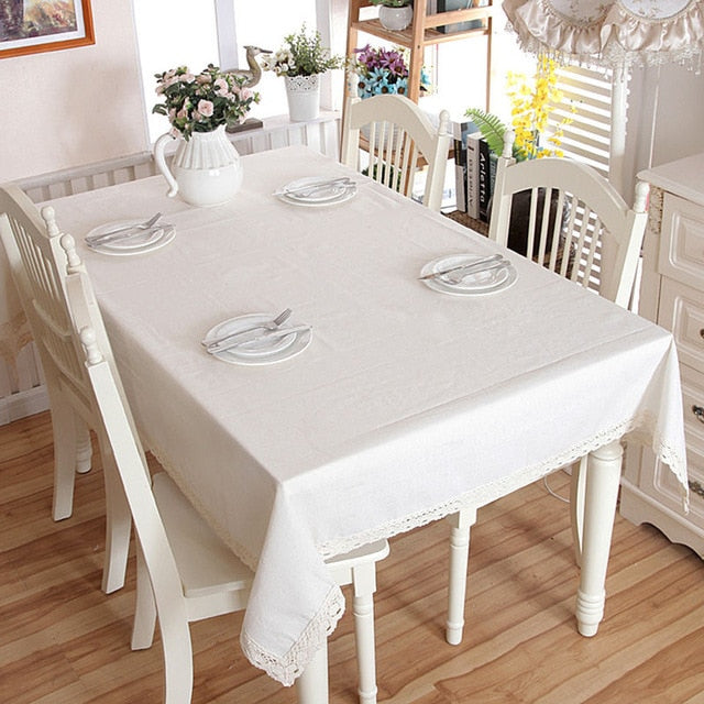 White Lace Hem Splice Washable Table Cloth