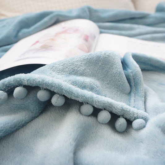 Flannel Blanket with Pompom Fringe Lightweight