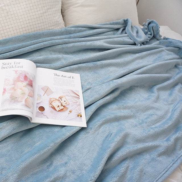 Flannel Blanket with Pompom Fringe Lightweight