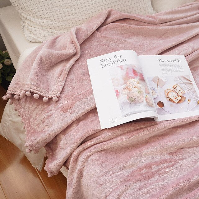 Flannel Blanket with Pompom Fringe Lightweight