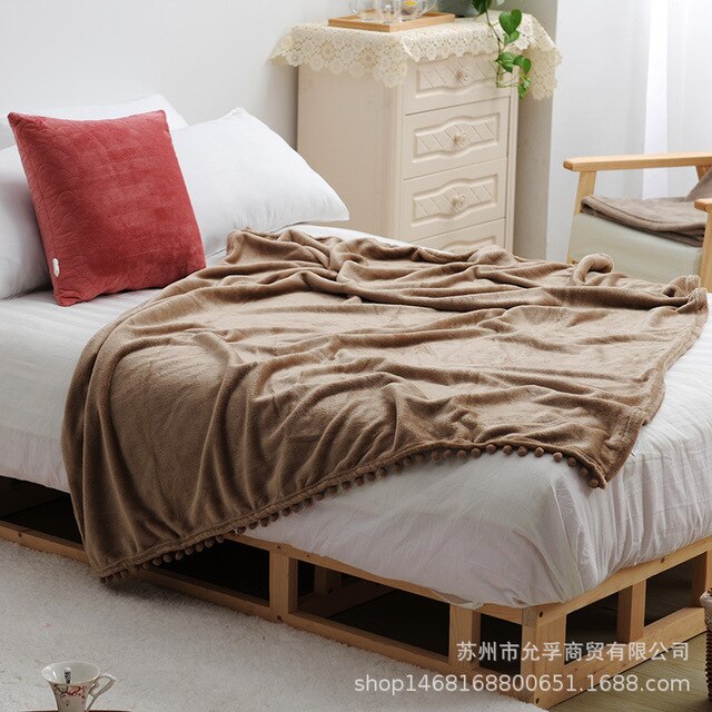Flannel Blanket with Pompom Fringe Lightweight