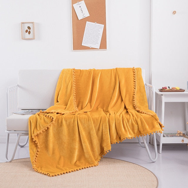 Flannel Blanket with Pompom Fringe