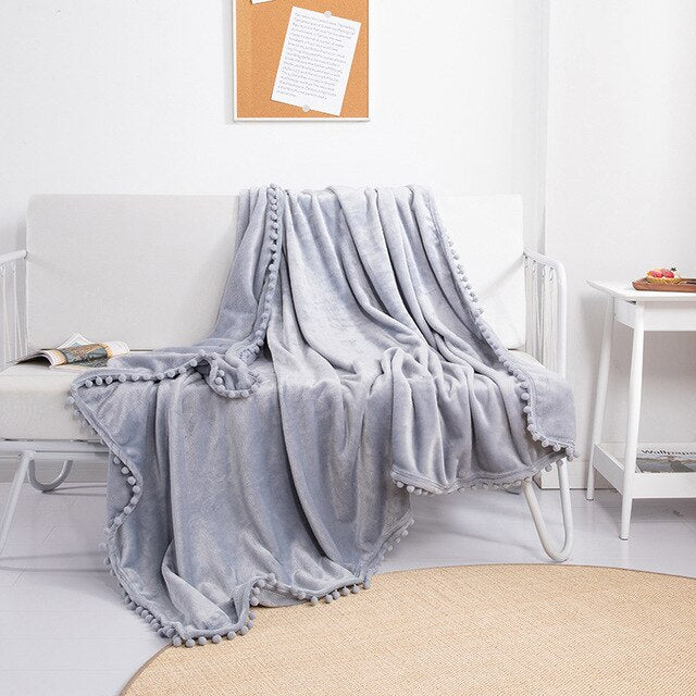 Flannel Blanket with Pompom Fringe