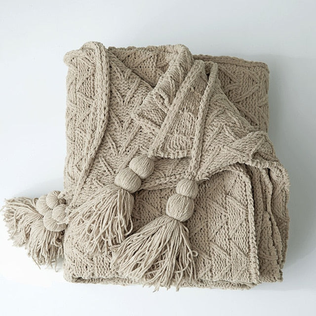 Tassel Design Chunky Knit Throw Blanket For Bed