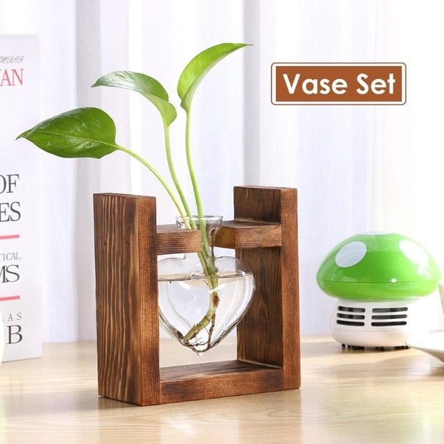 Wooden Frame Glass Hydroponic Plant Vase Vintage