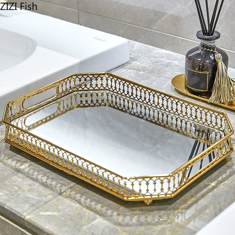 Vintage Mirror Glass Metal Storage Tray Gold