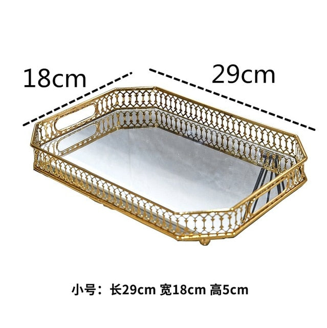 Vintage Mirror Glass Metal Storage Tray Gold
