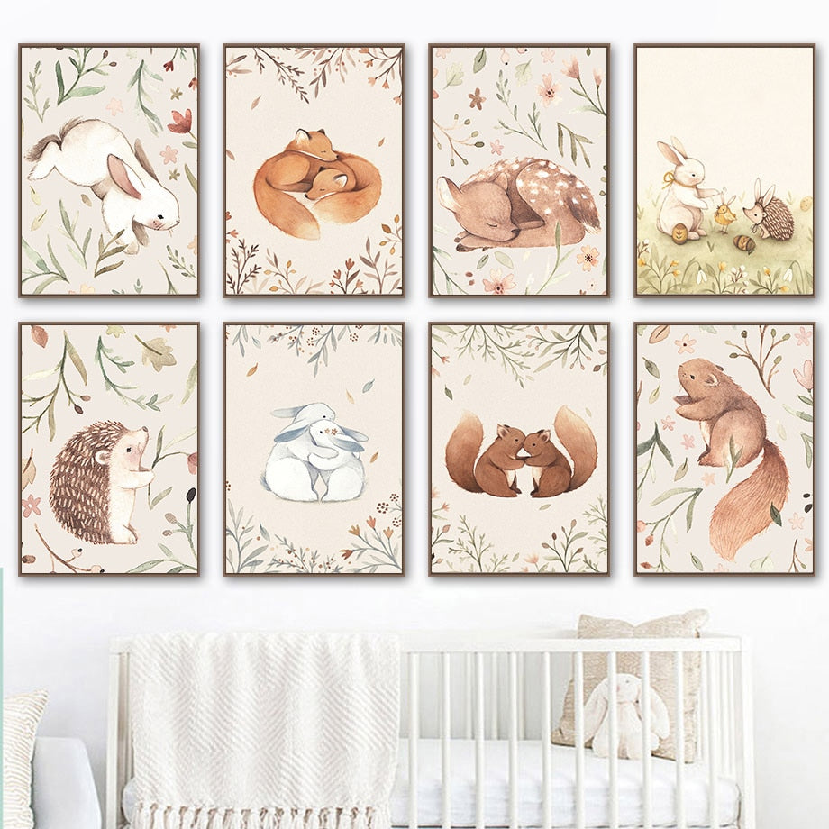 Hug Rabbit Fox Squirrel Hedgehog Wall Art