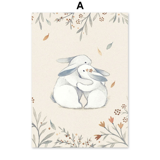 Hug Rabbit Fox Squirrel Hedgehog Wall Art