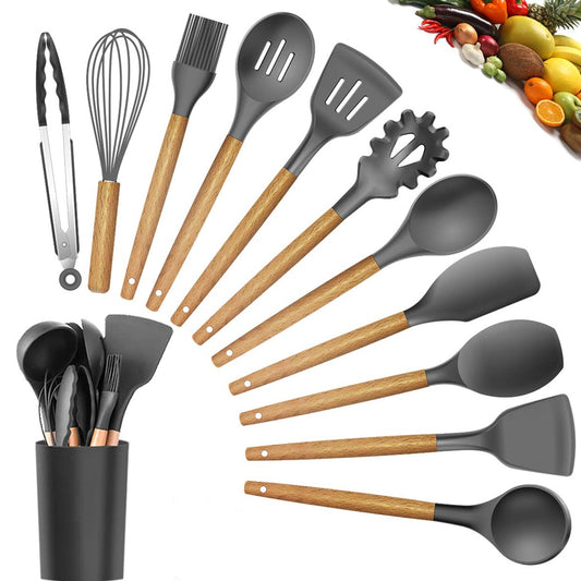 Silicone Cooking Utensil Set Wooden Handle Spatula