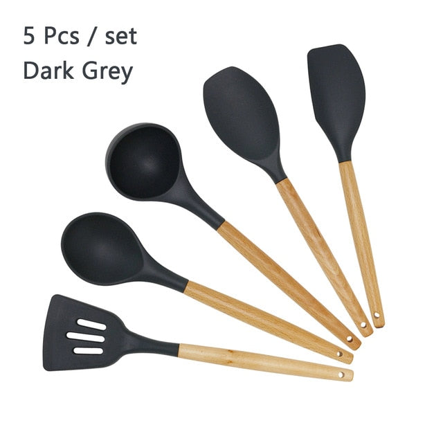 Silicone Cooking Utensil Set Wooden Handle Spatula