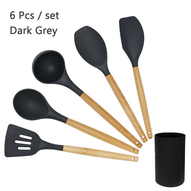 Silicone Cooking Utensil Set Wooden Handle Spatula