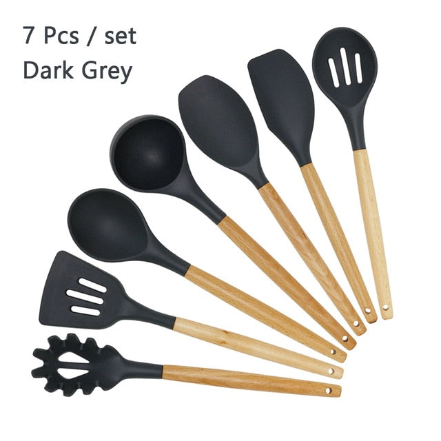 Silicone Cooking Utensil Set Wooden Handle Spatula