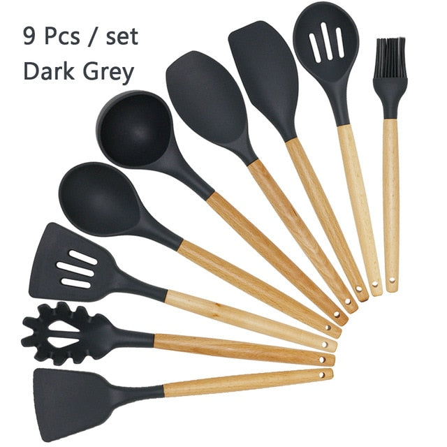 Silicone Cooking Utensil Set Wooden Handle Spatula