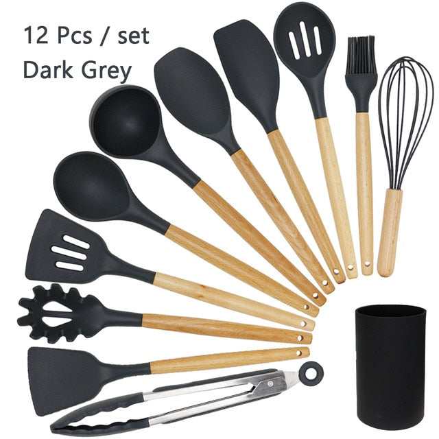 Silicone Cooking Utensil Set Wooden Handle Spatula